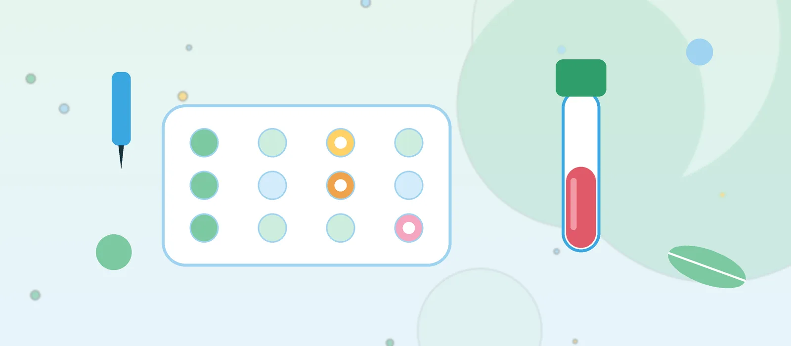 Flat illustration of an allergy skin test tray, a lancet and a blood sample vial