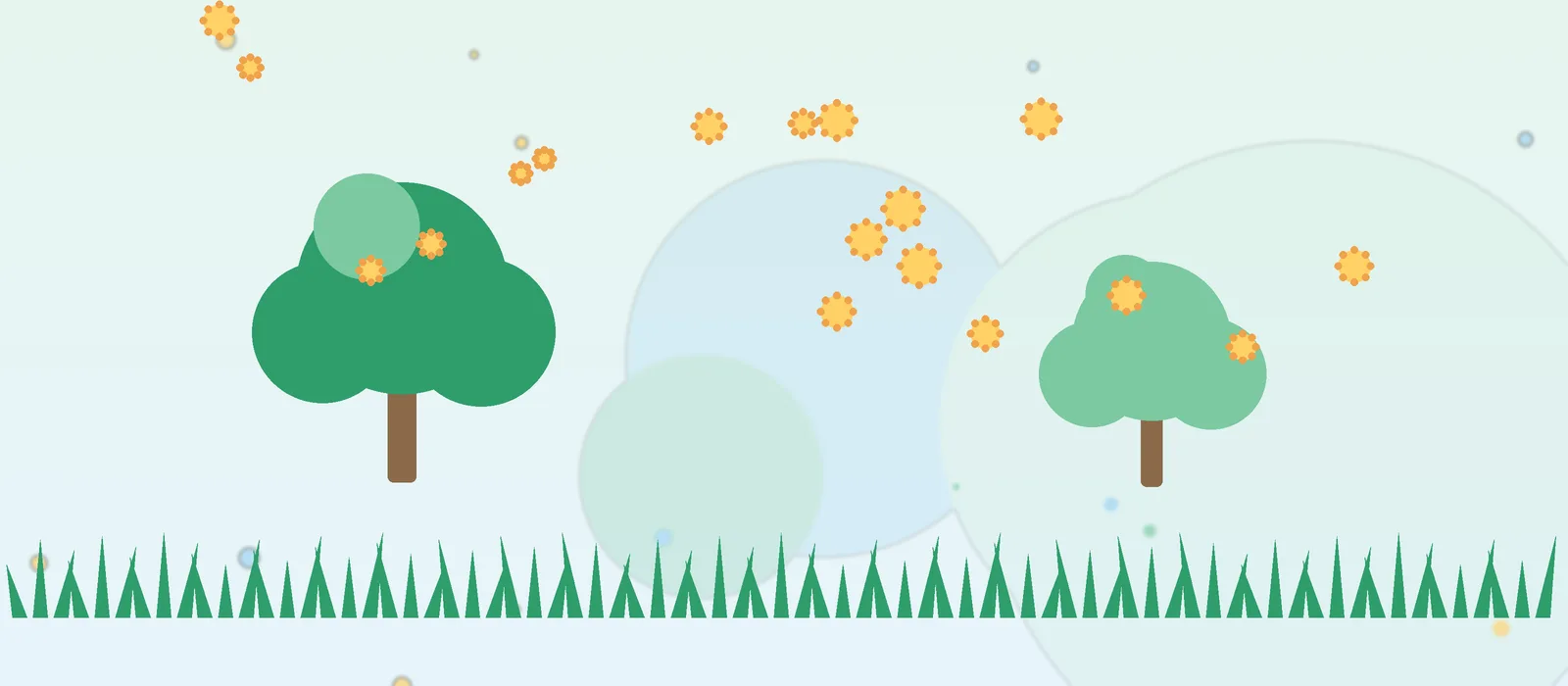 Flat illustration of trees and grass releasing pollen