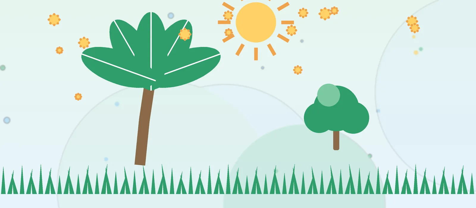 Flat illustration of a palm tree, oak tree and sun over grass