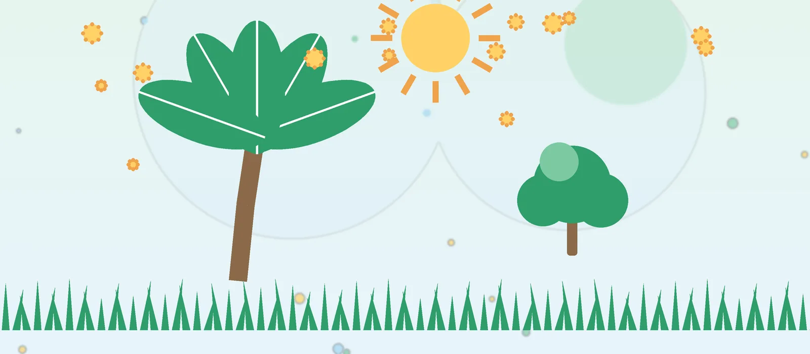 Flat illustration of Florida palm and oak trees with pollen for the Gainesville guide