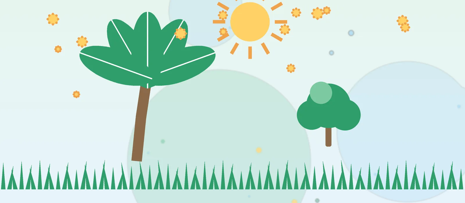 Flat illustration of Florida palm and oak trees with pollen for the Lakeland guide