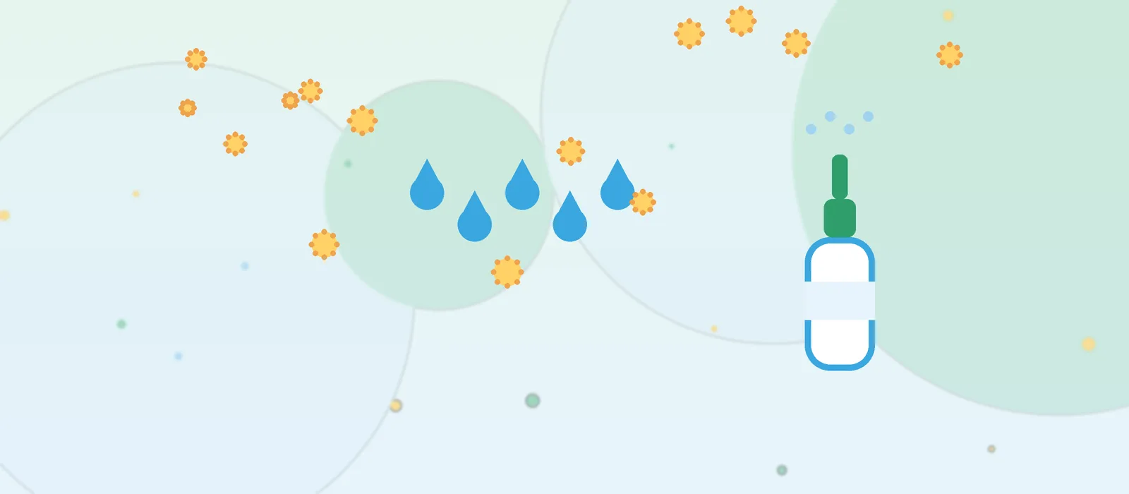 Flat illustration of droplets, pollen and a nasal spray