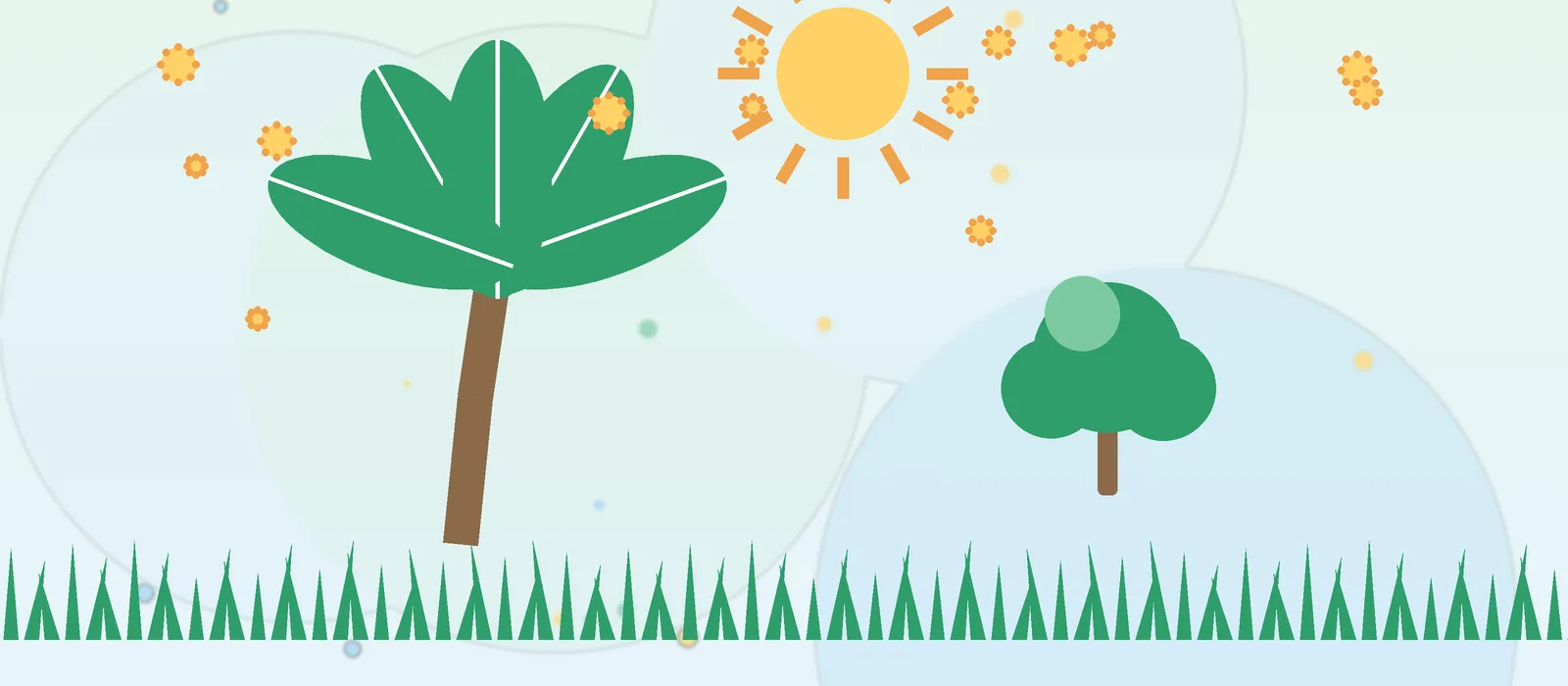 Flat illustration of Florida palm and oak trees with pollen for the Orlando guide