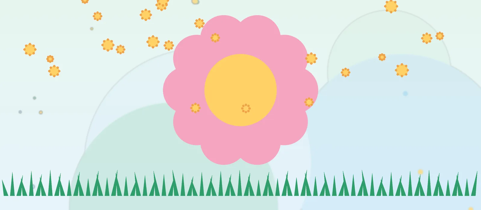 Flat illustration of a flower and floating pollen grains