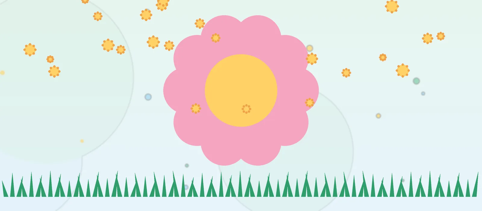 Flat illustration of a flower releasing pollen over grass