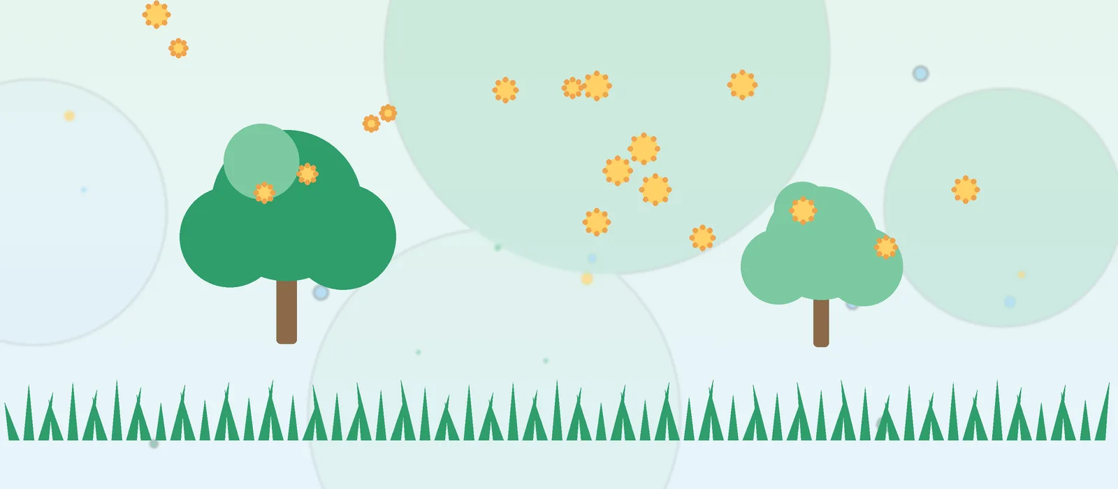 Flat illustration of spring trees, grass and pollen